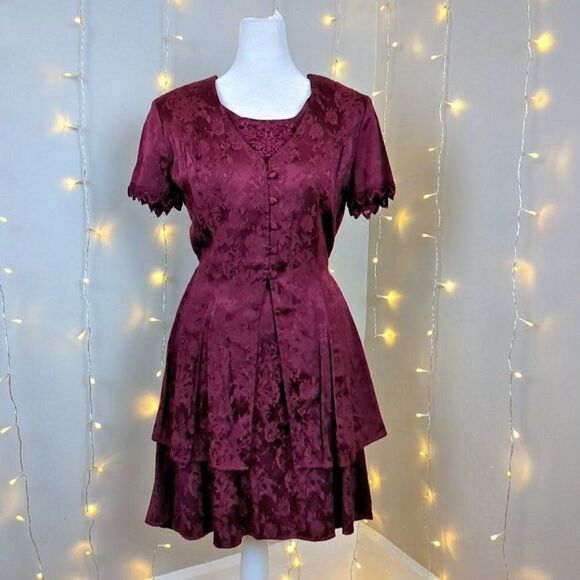 Vintage Dresses & Skirts - Vintage 1990s Mini Dress Floral Crochet Maroon Satin Empire WhimsiGoth Jr's 5